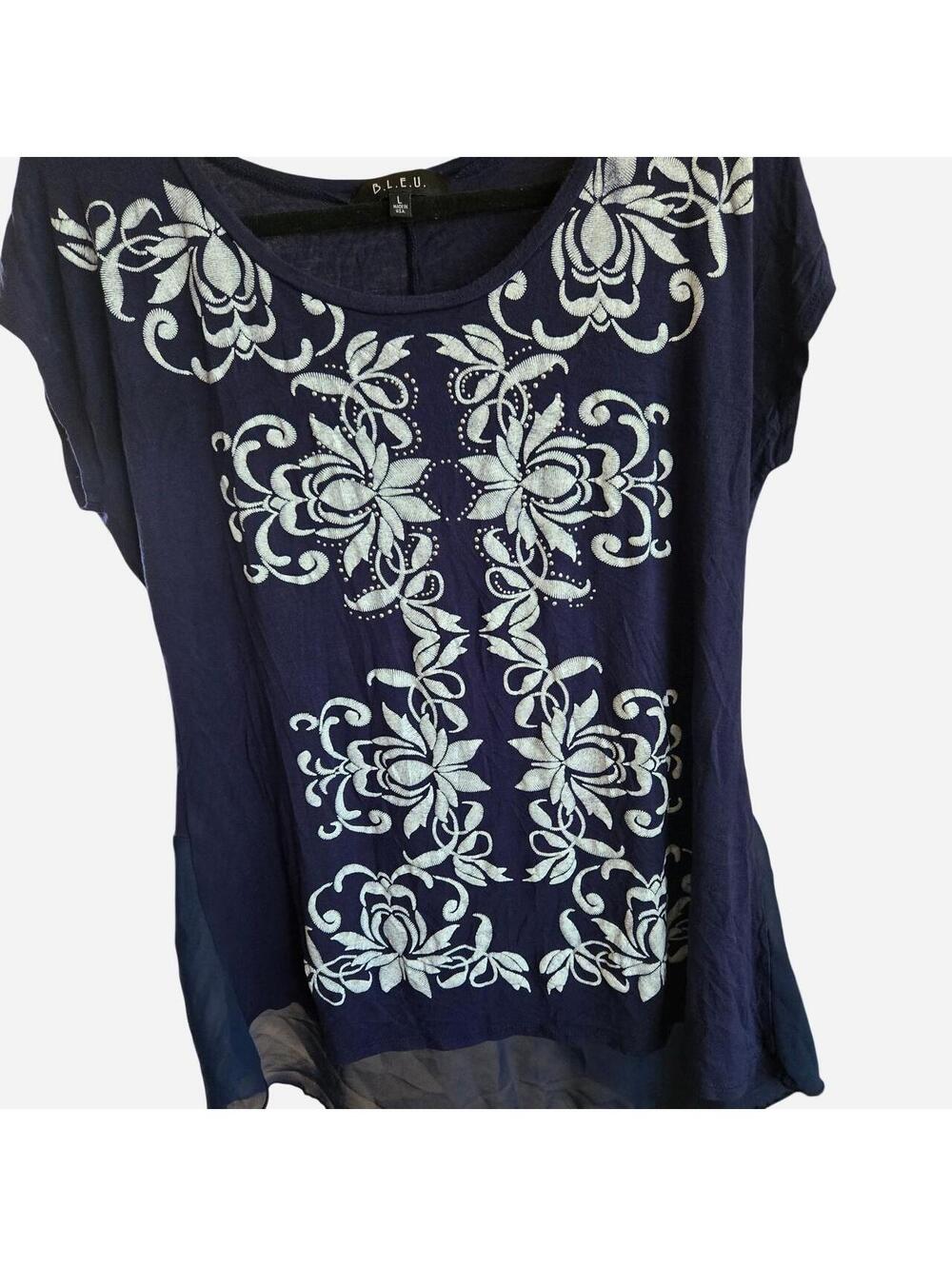 Boho Embroidered Floral Studded Hi-Low Short Sleeve navy blue Blouse